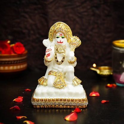 Marble Dust Hanuman Ji Murti for Home Puja (5 inch) | Jewellery Embellished Lord Hanuman Idol for Home Decor | Resin Bajrangbali Murti for Puja Room | Bahubali Hanuman Idol with Gada for Gift