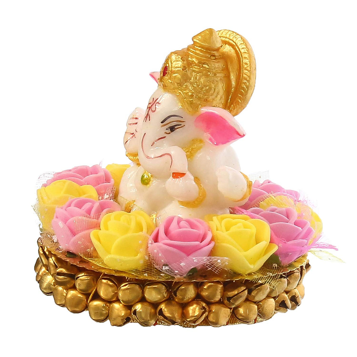 Lord Ganesha Idol on Decorative Handcrafted Plate with Pink and Yellow Flowers