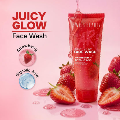 Swiss Beauty Care Juicy Glow Face Wash | Strawberry + Glycolic Acid | Removes Dirt & Grime | Refreshes and Revitalises Refines Skin Texture | Gently Exfoliates - 100g