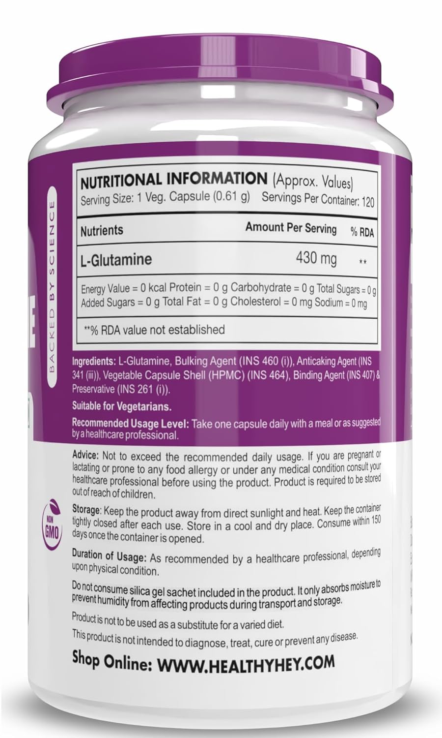 Nutritional information label on a supplement container with a purple lid.
