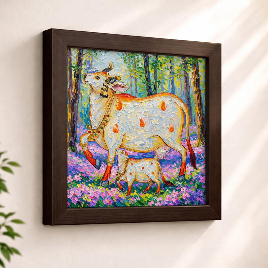 Kamdhenu Divine Vastu Sacred Cow Calf Hindu Spiritual Religious Pooja Mandir Traditional Indian Floral Theme Framed Poster Artwork Decor Painting
