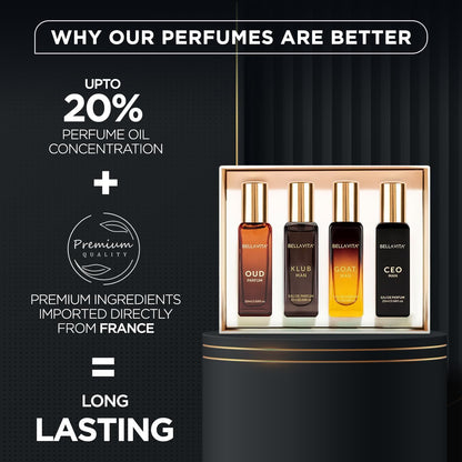 Set of four perfume bottles in a box with promotional text on a black background