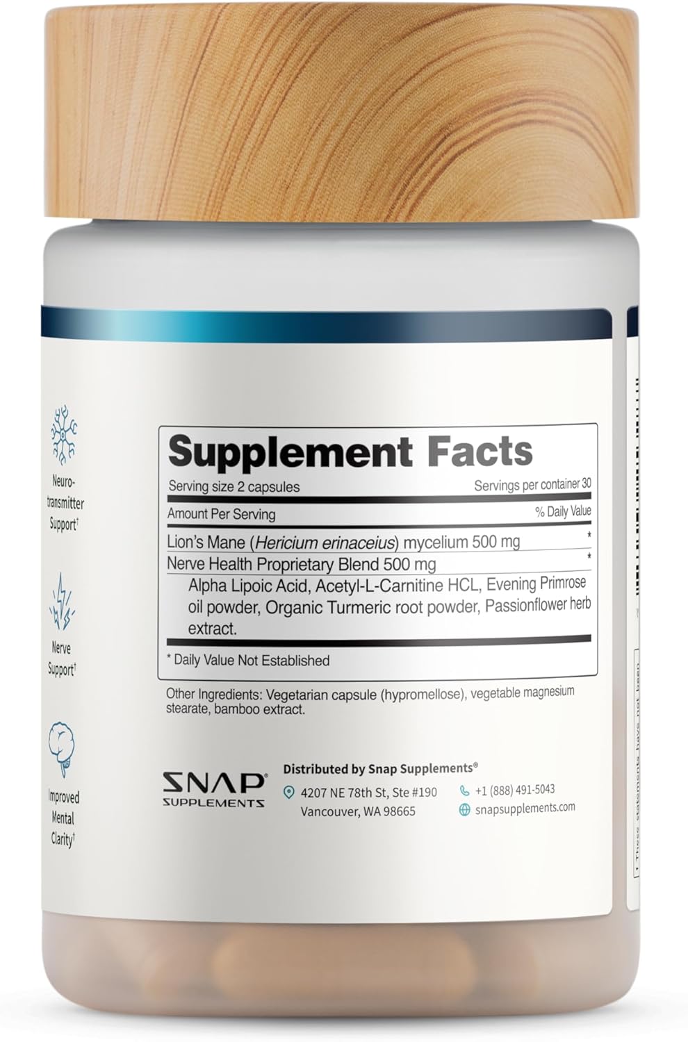 Supplement bottle with wooden cap and label displaying 'Supplement Facts' on a white background