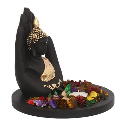 eCraftIndia Black Golden Resin Palm Buddha Statue Potpourri Tea Light Holder| Lord Buddha Statue for Living Room| Gautam Buddha Idol for Home Decor| Showpiece for Diwali Buddha Purnima Housewarming