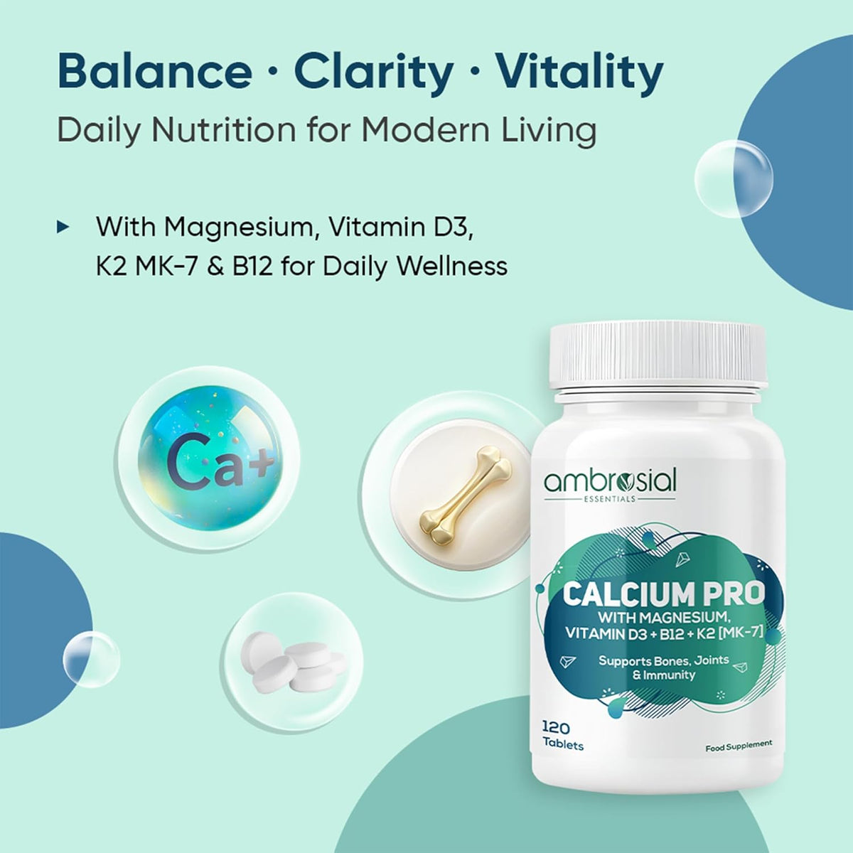 Ambrosial Calcium Pro supplement bottle with health benefits on a light blue background