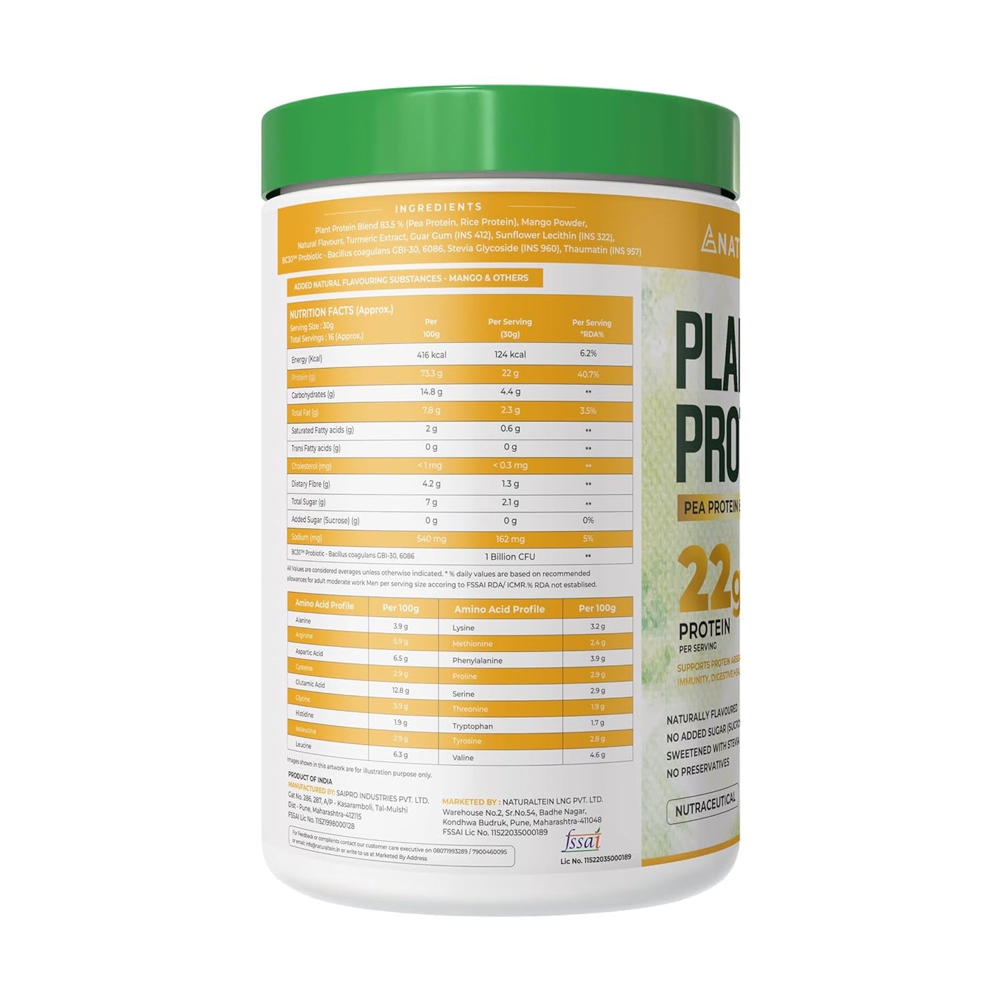 Container of Plant Protein powder with nutritional information on a white background