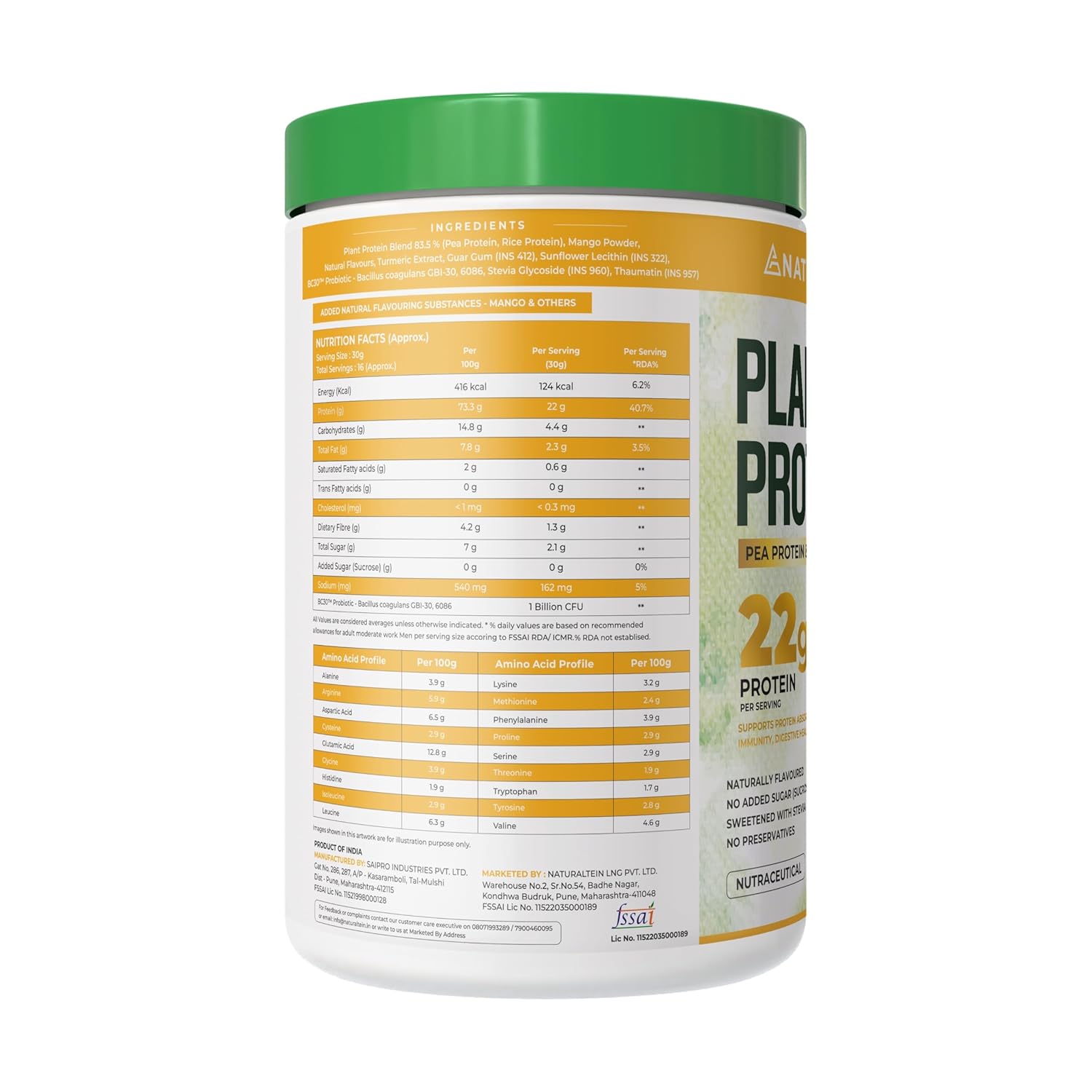 Container of Plant Protein powder with nutritional information on a white background