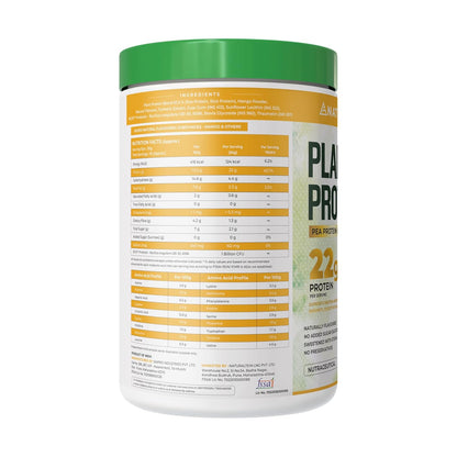 Container of Plant Protein powder with nutritional information on a white background