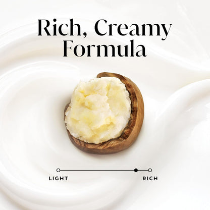Wooden bowl with creamy substance on a white background, labeled 'Rich, Creamy Formula'.
