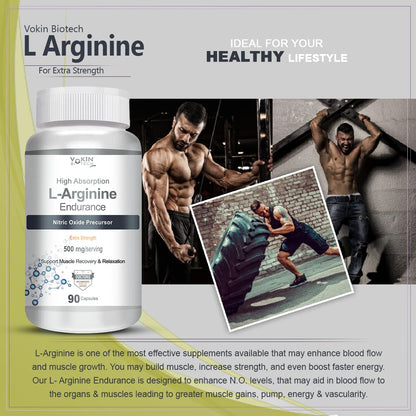 Vokin Biotech L Arginine supplement bottle with fitness images on a gray background