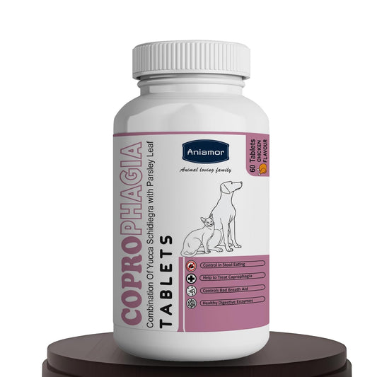 Aniamor Coprophagia Tablets for Dogs and Cats | Controls Bad Breath aid | Dogs and Cats Supplement | Chicken Flavour | for All Life Stages | 60 Tablets
