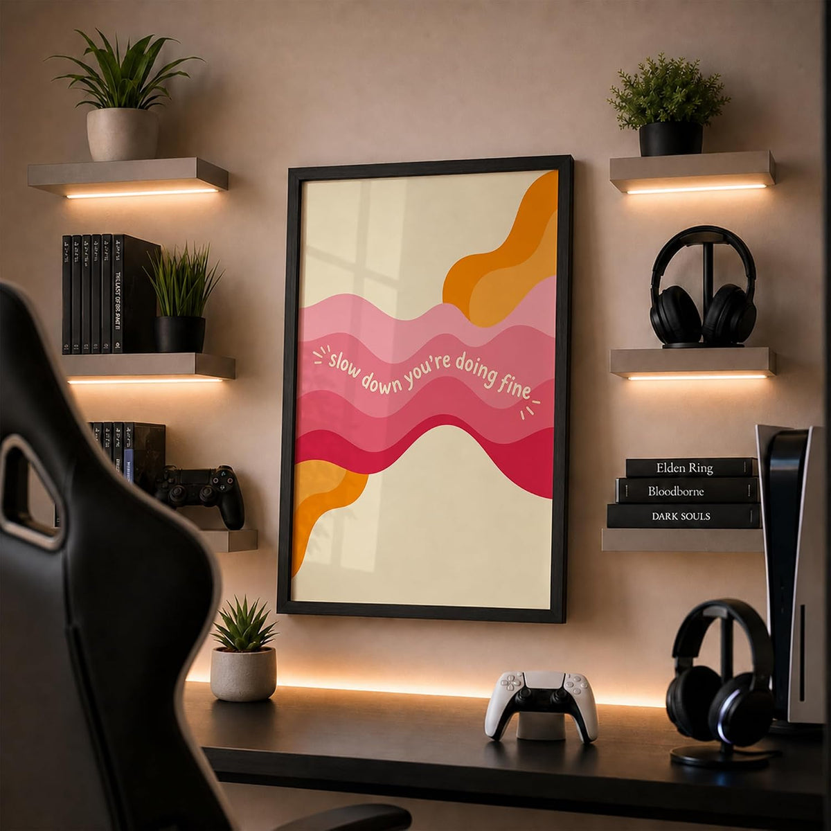 Motivational Wall Art Framed Painting, Slow Down You’re Doing Fine Quote Wall Decor, Modern Abstract Aesthetic Room Decor for Bedroom Living Room Office (DGN06-Black10x13 inch)