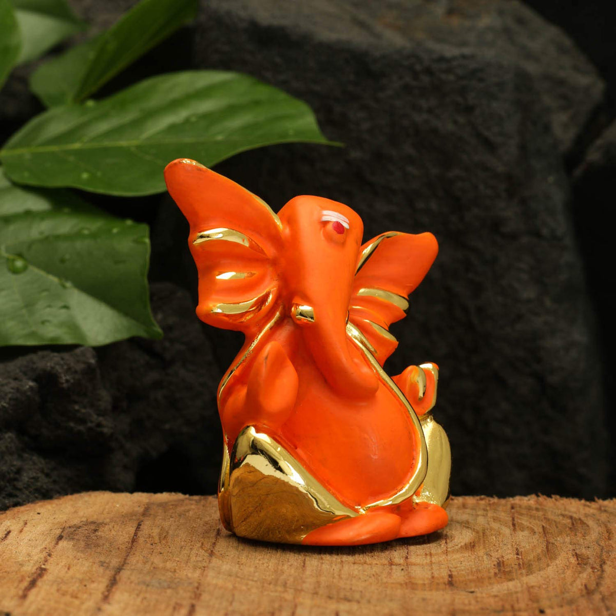 Gold Plated Red Terracotta Ganesha Statue for Car Dashboard God Ganpati Idols Home Office Decor (Size 7cm x 6cm)
