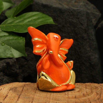 Gold Plated Red Terracotta Ganesha Statue for Car Dashboard God Ganpati Idols Home Office Decor (Size 7cm x 6cm)