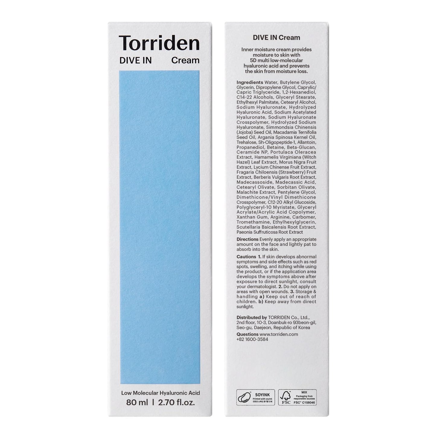 Torriden Dive In Cream (80ml) | Deep Hydrating Korean Face Moisturizer with 5D Hyaluronic Acid, Panthenol & Allantoin | Locks in Moisture, Soothes & Plumps Dry, Dehydrated Skin | Vegan & Cruelty Free