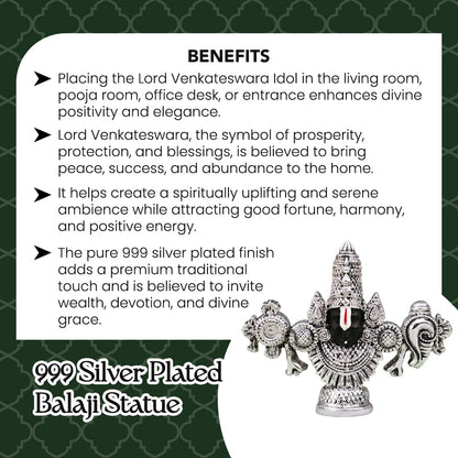Pure 999 Silver Plated Tirupati Balaji Venkateshwara Idol with Gift Box | Lord Venkateswara Face Perumal Statue Pooja Room | Religious Housewarming Griha Pravesh Diwali Gift