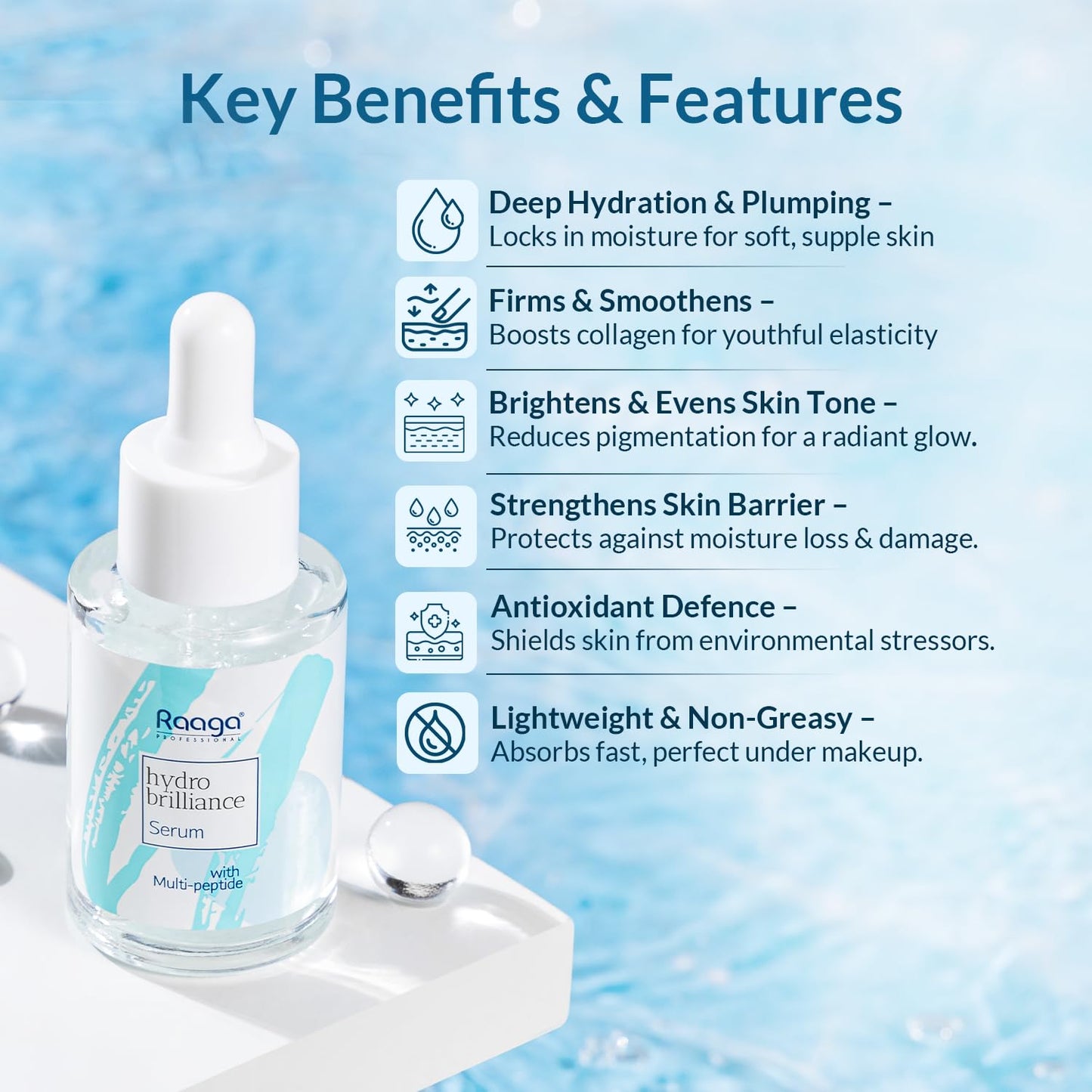 Raaga Professional Hydro Brilliance Serum with Multi-Peptide | Paraben Free, Sulphate Free, Dermatologically Tested (30 ml)