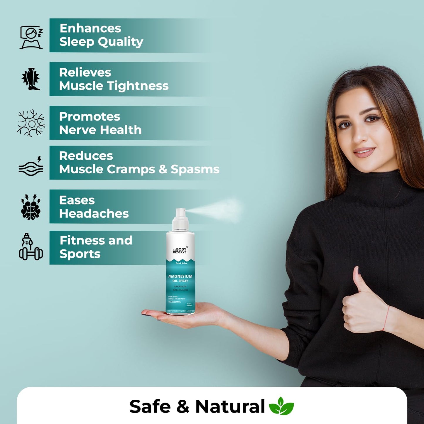 Woman holding a spray bottle with health benefits listed on a light blue background