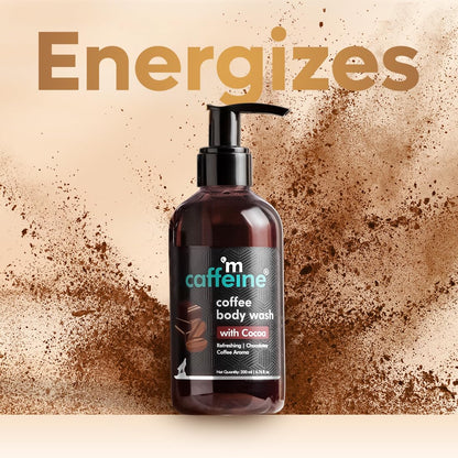 Caffeine coffee body wash bottle with brown background and text 'Energizes'.