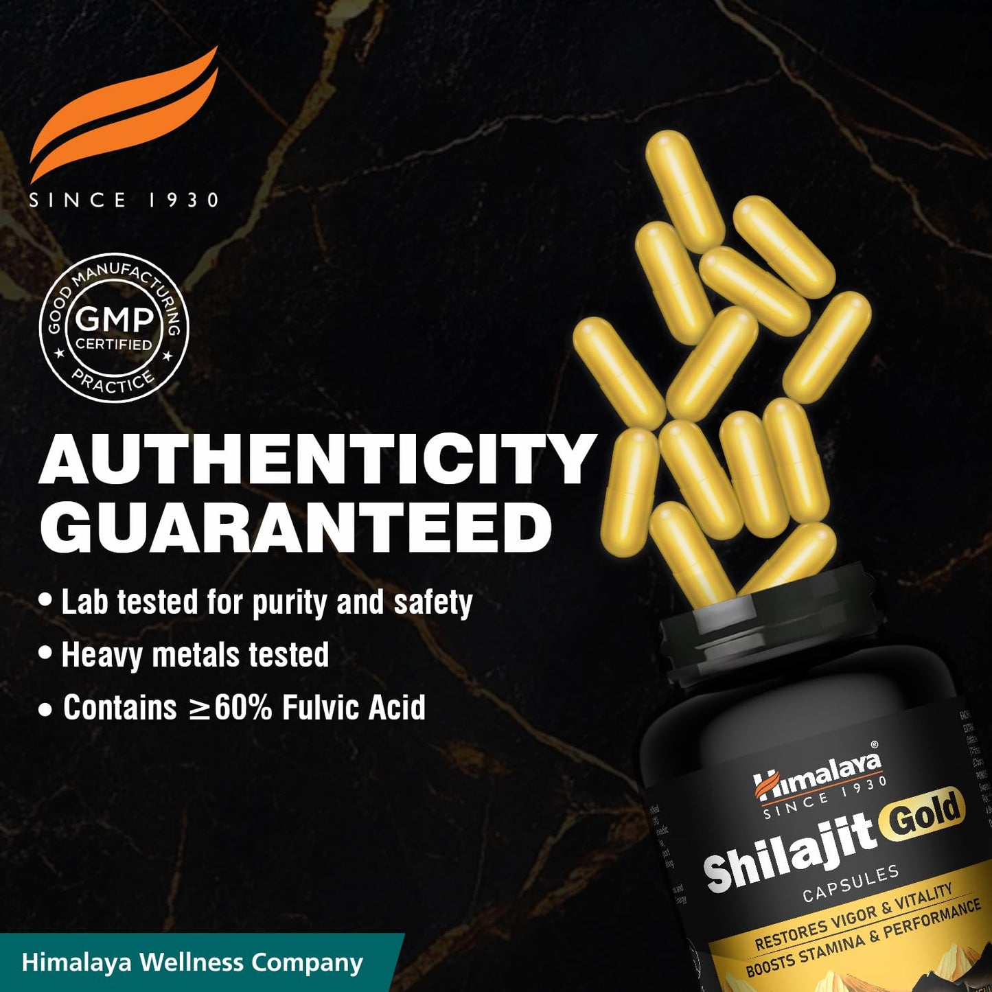 Himalaya Shilajit Gold capsules with authenticity guaranteed text on a dark background