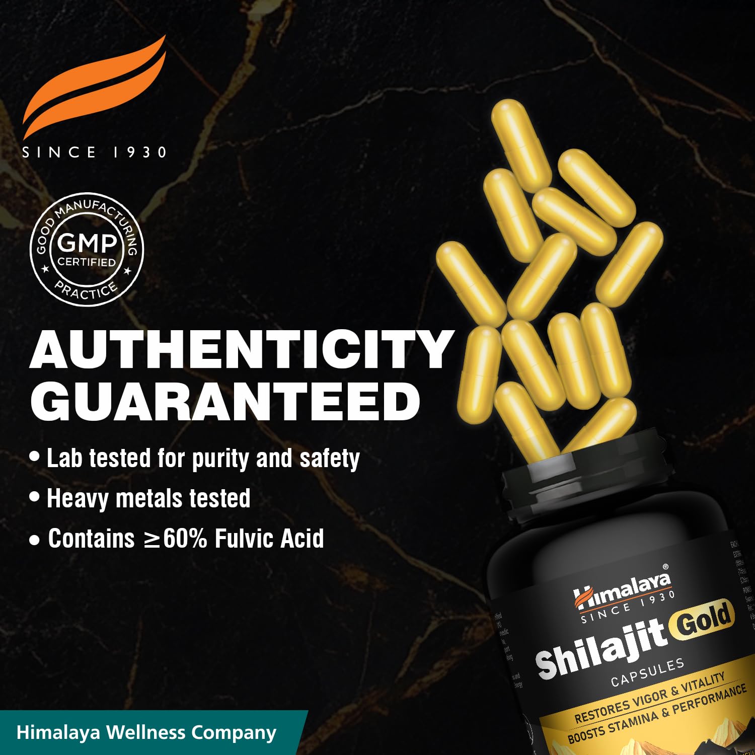 Himalaya Shilajit Gold capsules with authenticity guaranteed text on a dark background