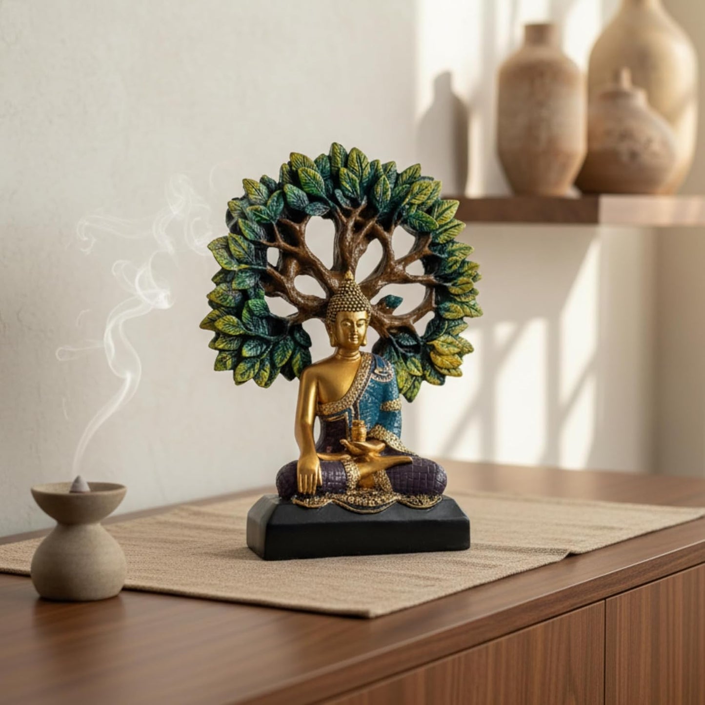 eCraftIndia Lord Buddha Statue for Home Decor Living Room | Gautam Buddha Idol Under the Bodhi-Tree | Showpiece Gift for Housewarming Birthday