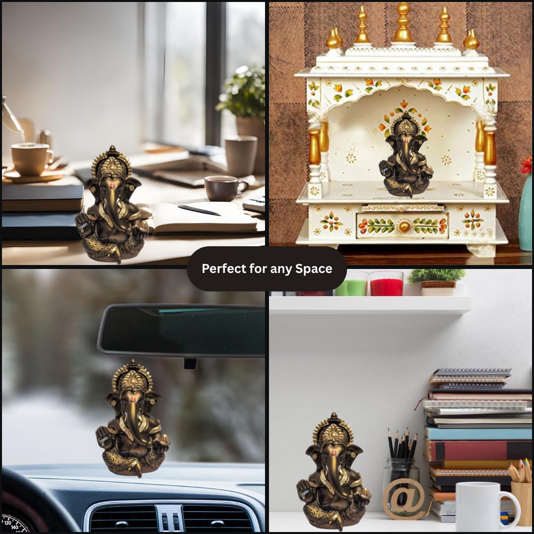 Gold Art India Handcrafted French Brown Mukut Ganesha Idol (3.5") - Perfect for Car Dashboard, Home or Office Decor and Gifting, Idol