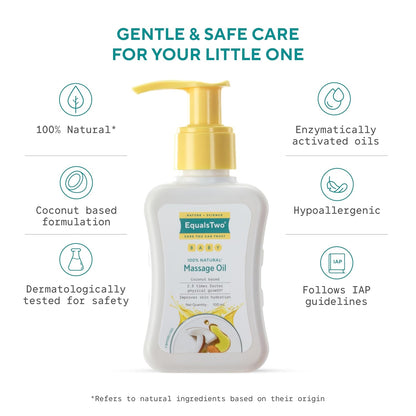 EQUALSTWO by Zydus Nourishing Baby Massage Oil 100ml, 100% Natural Non-Greasy Moisturizing Baby Oil for New Born, Strengthen Muscles & Bones, All Skin Types, Hypoallergenic, Dermatologically Tested, (Pack 1)