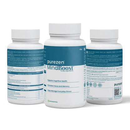 Purezen MindBoost | Brain Health Supplement for Focus, Clarity & Mental Performance | With Ginkgo, Ashwagandha, Omega-3 & Bacopa | 60 Capsules