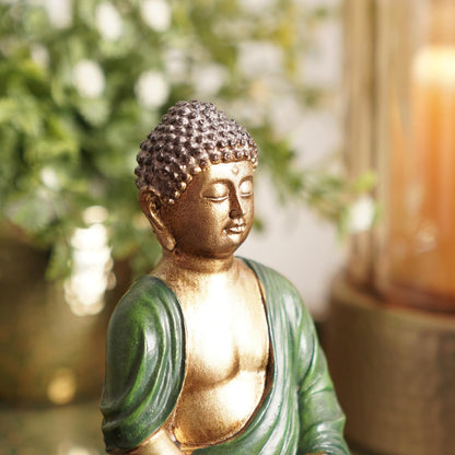 PURE HOME + LIVING Dark Green Antique Gold Polyresin Sitting Buddha - Small|Polyresin Decorative Statue for Home, Living Room, Office & Meditation Space|Peaceful Decor & Gift Item (Pack of 1)