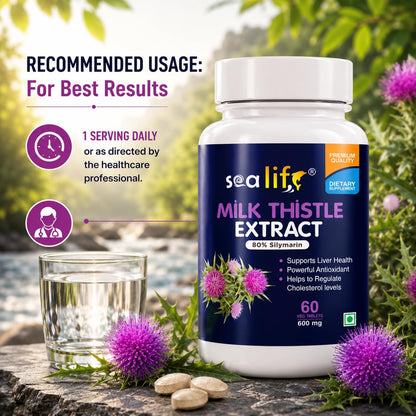 Sea Life Milk Thistle Extract Tablets | Silymarin 80% | Liver Cleanse Detox Support Supplement 600 mg (60 Tablets) Support Protection Against Fatty Liver |For Men And Women
