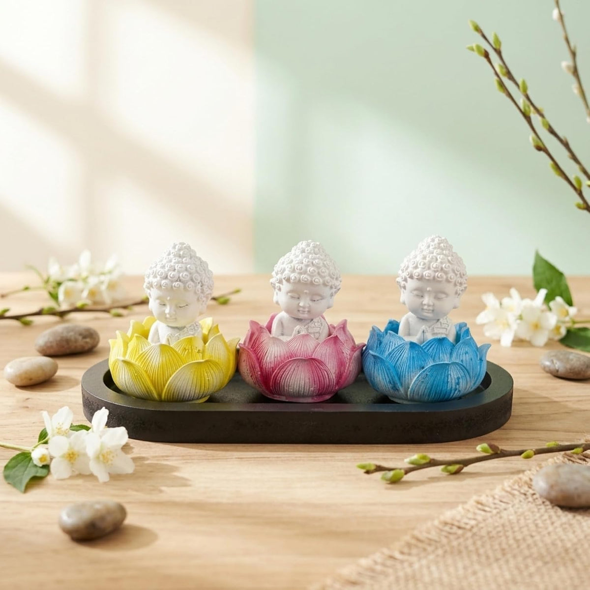 eCraftIndia Set of 3 White Lord Buddha Idols in Lotus Base | Buddha Statues for Car Dashboard Office Home Decor | Gift for Diwali Housewarming Birthday
