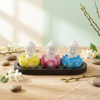 eCraftIndia Set of 3 White Lord Buddha Idols in Lotus Base | Buddha Statues for Car Dashboard Office Home Decor | Gift for Diwali Housewarming Birthday