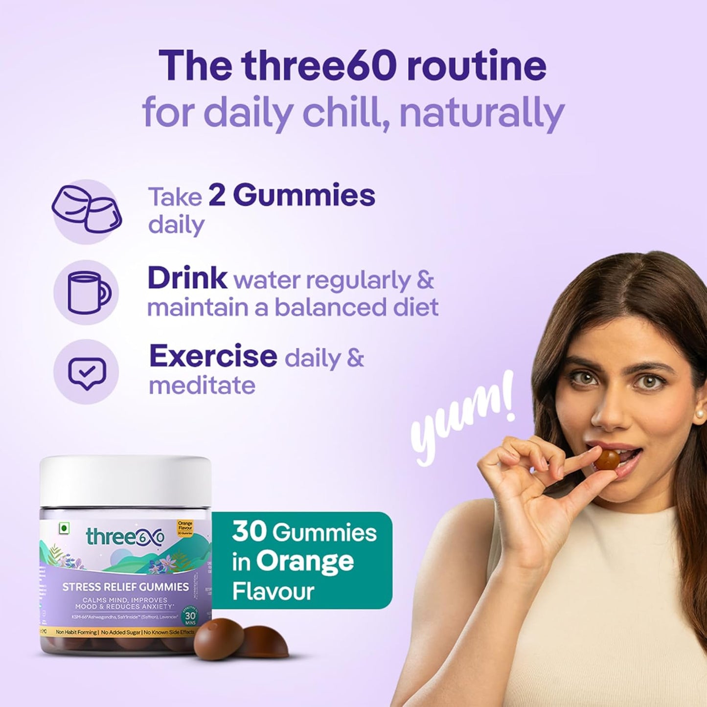 three60 STRESS RELIEF Gummies |Reduces Stress & Cortisol Levels |Helps in Anxiety Relief & Calms Mind |KSM-66® Ashwagandha, Safr’InsideTM (Saffron), Lavender|Non-Habit Forming|30 Stress Relief Gummies