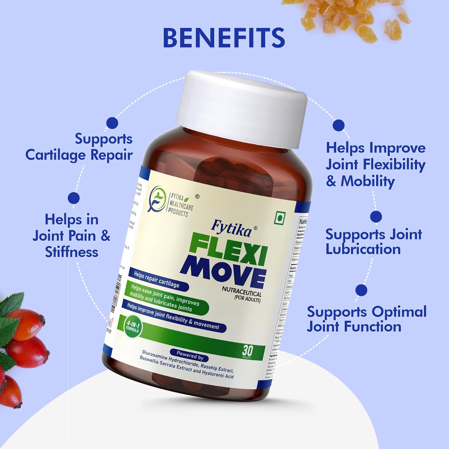 Fytika Flexi Move supplement bottle with benefits listed on a blue background