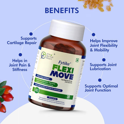 Fytika Flexi Move supplement bottle with benefits listed on a blue background