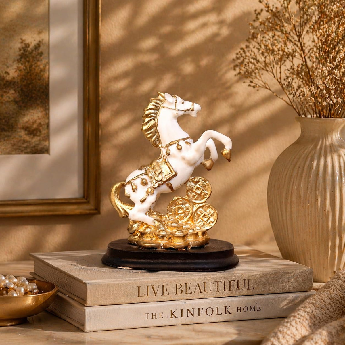 Lucky Horse Showpiece for Home Decor | White & Gold Rearing Horse Figurine with Coins Resin Decorative Statue for Office Desk Living Room Shelf Table Feng Shui Vastu Gift Item
