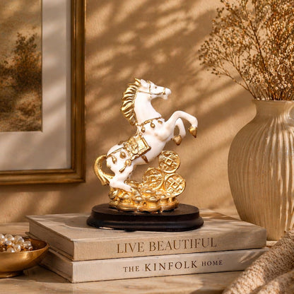 Lucky Horse Showpiece for Home Decor | White & Gold Rearing Horse Figurine with Coins Resin Decorative Statue for Office Desk Living Room Shelf Table Feng Shui Vastu Gift Item