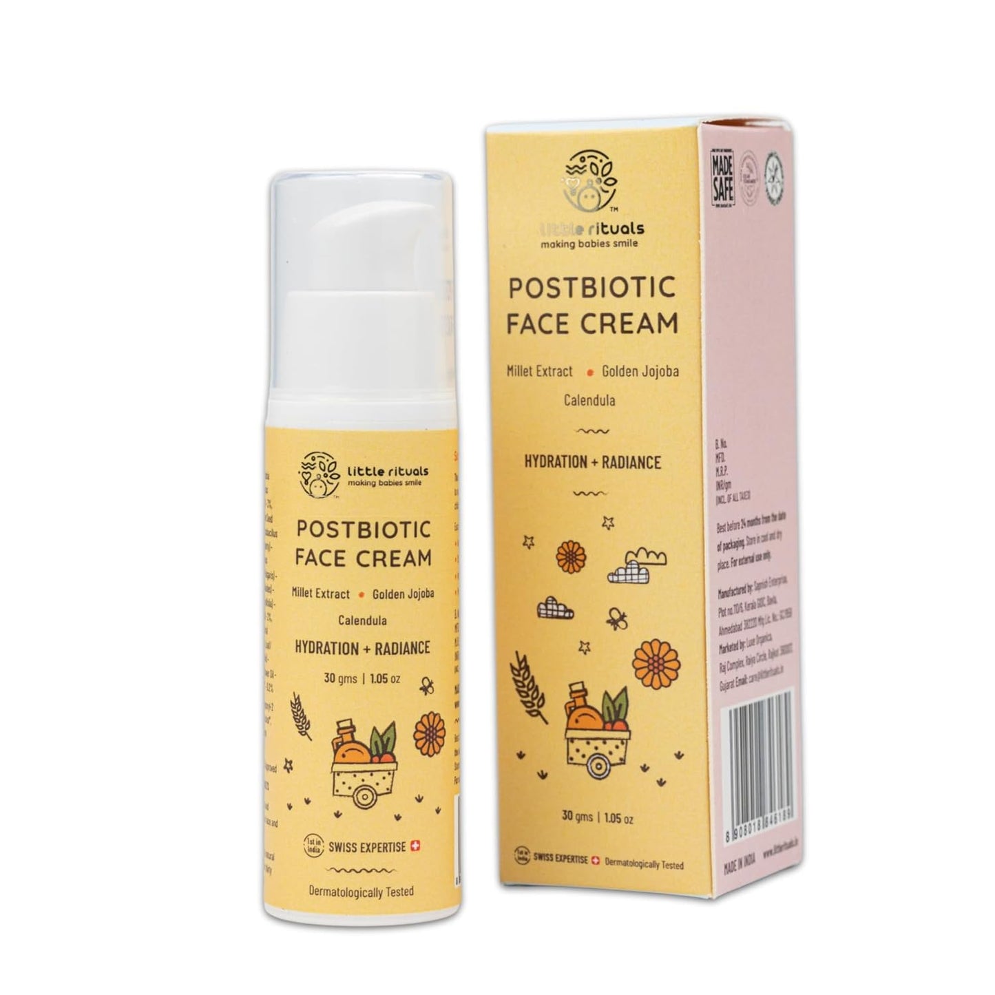 Little Rituals Baby POST-BIOTIC FACE CREAM - HYDRATION + RADIANCE Formulated with best plant botanical - Golden Millets, Jojoba, and Calendula, Natural, Organic, Dermat tested, SWISS Technology -30 gm