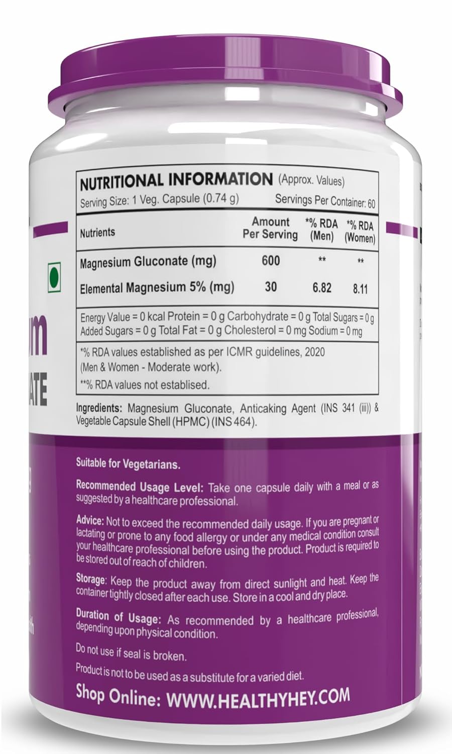 Supplement container with nutritional information on a white background