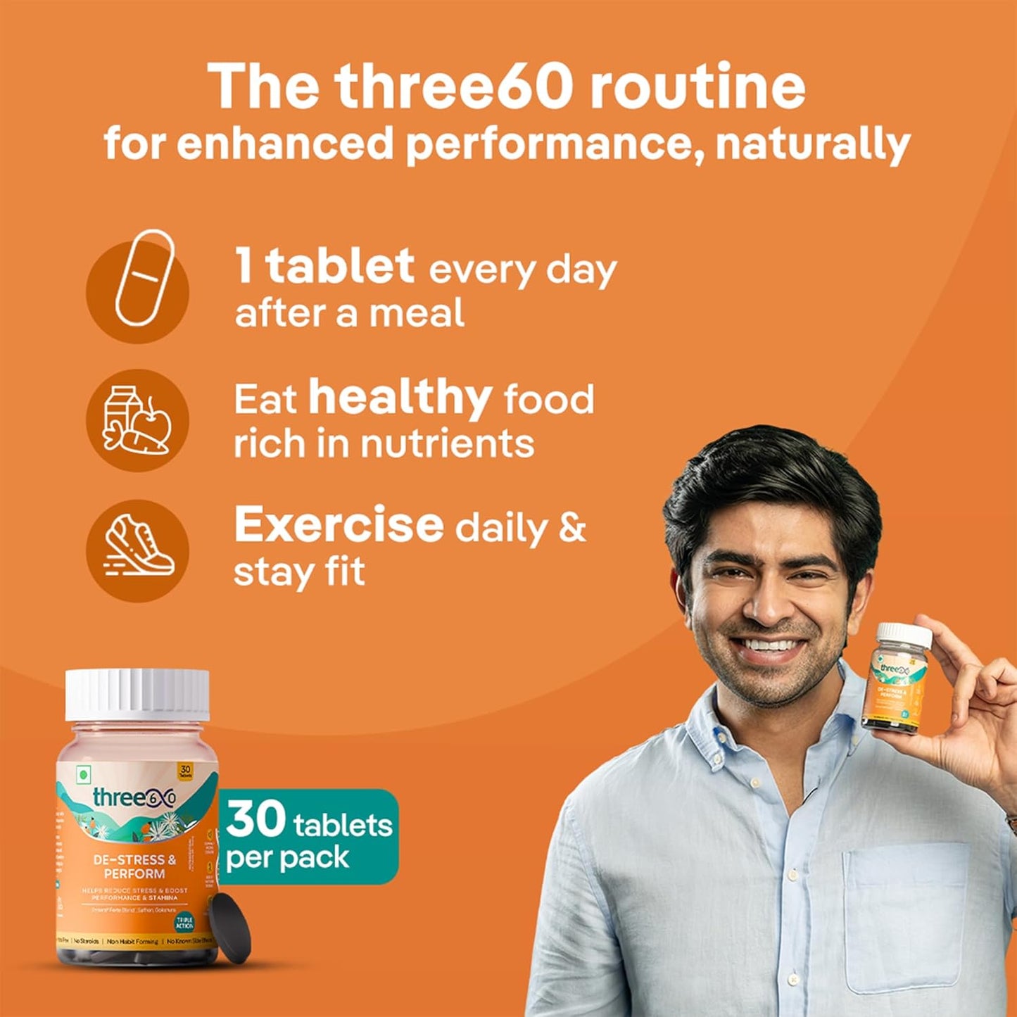 three60 DE-STRESS & PERFORM Tablets | Testosterone Supplement | Helps Boost Stamina | Helps Reduce Stress | Synura® Forte Blend, Saffron, Gokshura | No Steroid | Non Habit Forming | 30 Tablets