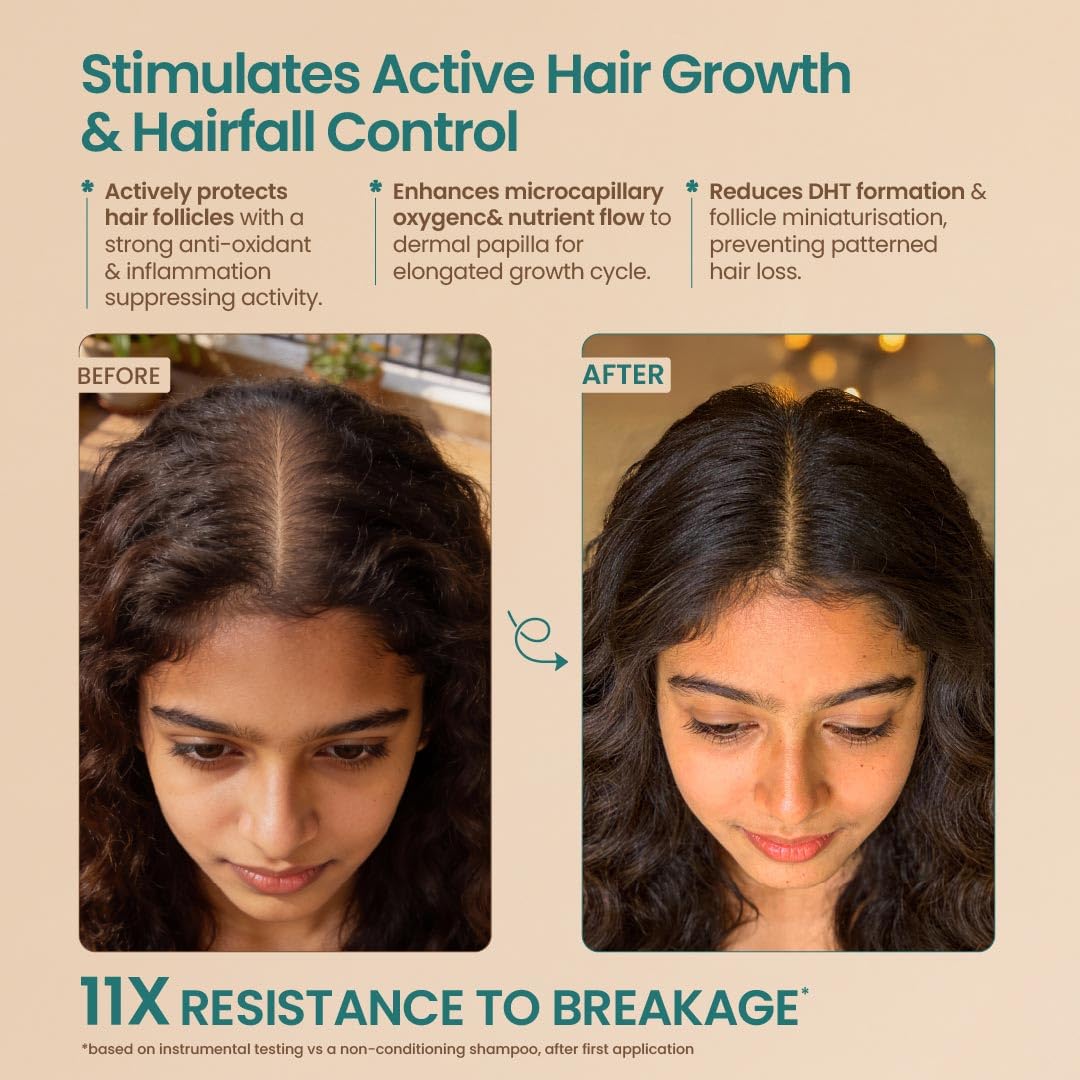 Before and after comparison of hair growth with text about product benefits on a beige background
