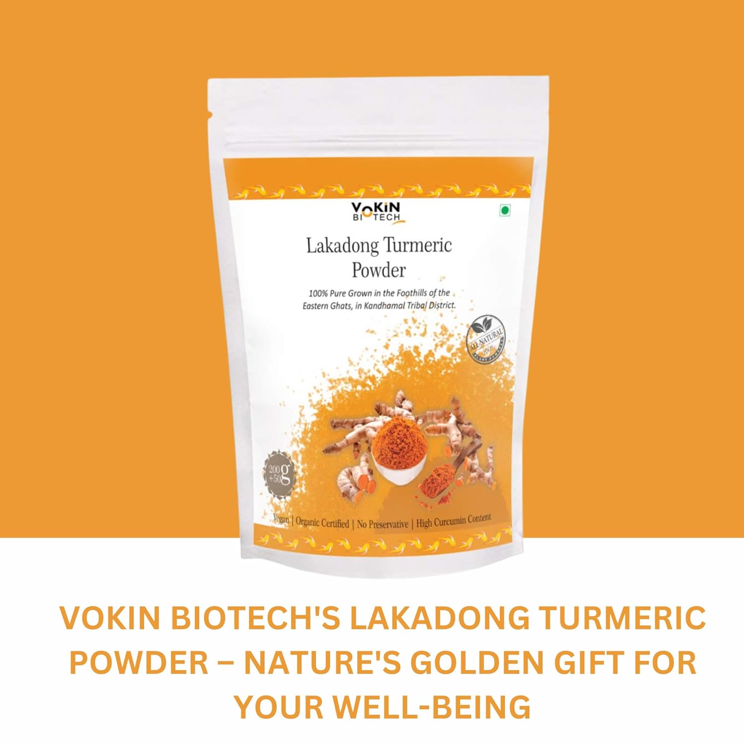 Vokin Biotech Lakadong Turmeric Powder packaging on a yellow background