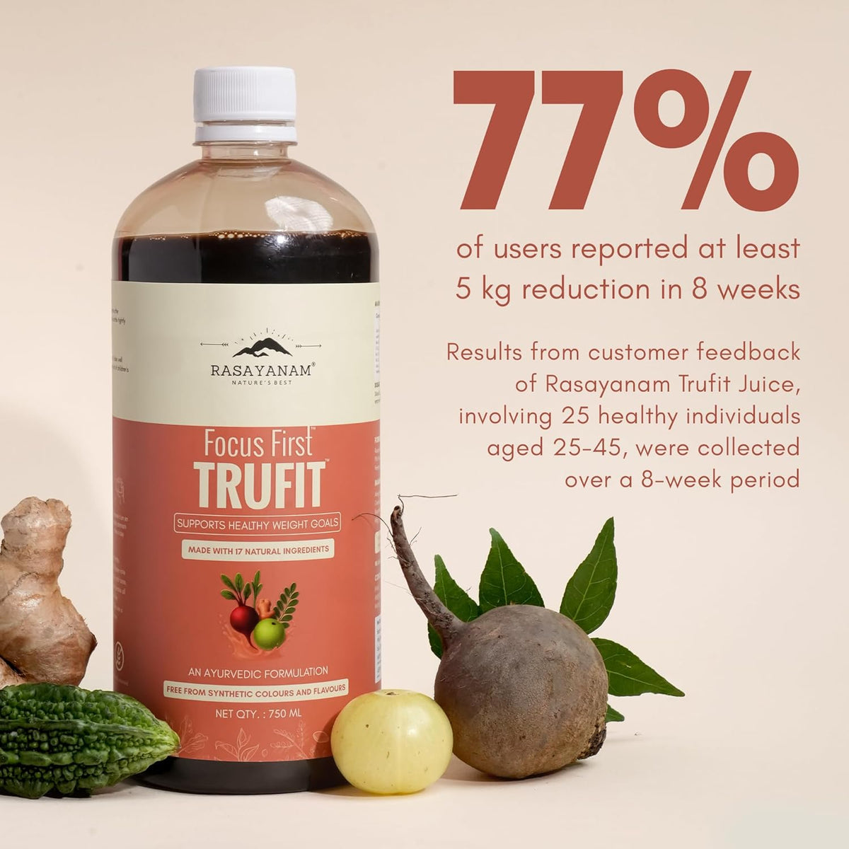 Rasayana Trufit juice bottle with ingredients and promotional text on a beige background