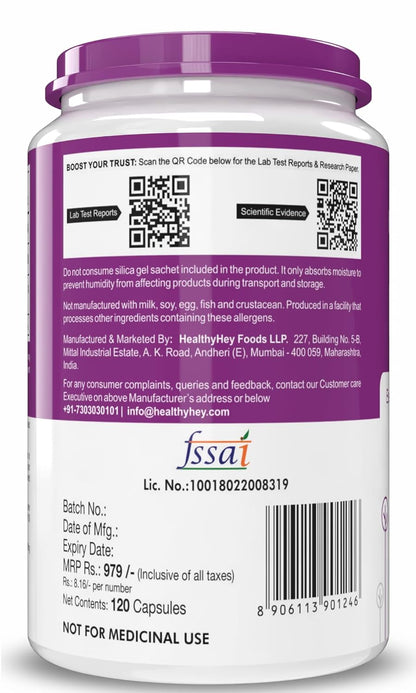 Supplement container with purple lid and label displaying text and logos.