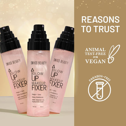 Swiss Beauty Glow Up Makeup Fixer | Preps + Sets | Dewy Radiance | For Face & Body | With Vitamin C & Hyaluronic Acid | 100ml