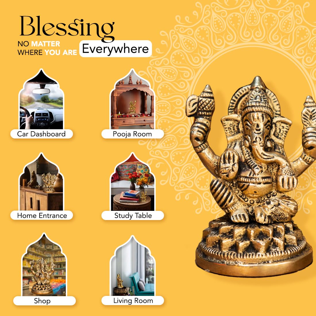 100% Pure Brass Ganesha Idol (Size: 8.4 cm) | Pital Ganesh Murti for Pooja Room, Home Decor, Office Desk and Car Dashboard | Vinayagar Statue for Diwali Puja