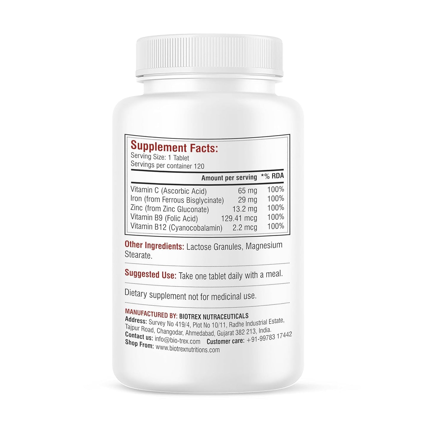 Biotrex Nutraceuticals Chelated Iron + Vitamin C, B12, Folic Acid & Zinc, Boost Hemoglobin Levels & Improves Concentration Levels, Energy & Blood Building - 120 Vegetarian Tablets