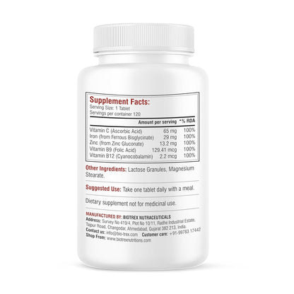 Biotrex Nutraceuticals Chelated Iron + Vitamin C, B12, Folic Acid & Zinc, Boost Hemoglobin Levels & Improves Concentration Levels, Energy & Blood Building - 120 Vegetarian Tablets