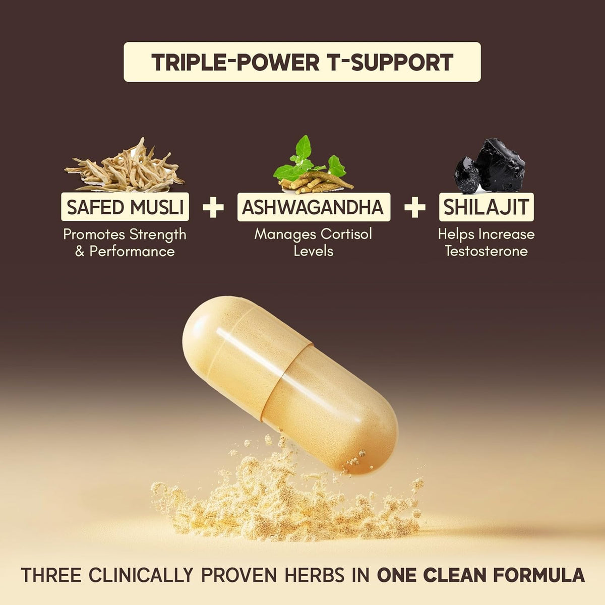 Capsule with ingredients Safed Musli, Ashwagandha, and Shilajit on a gradient background